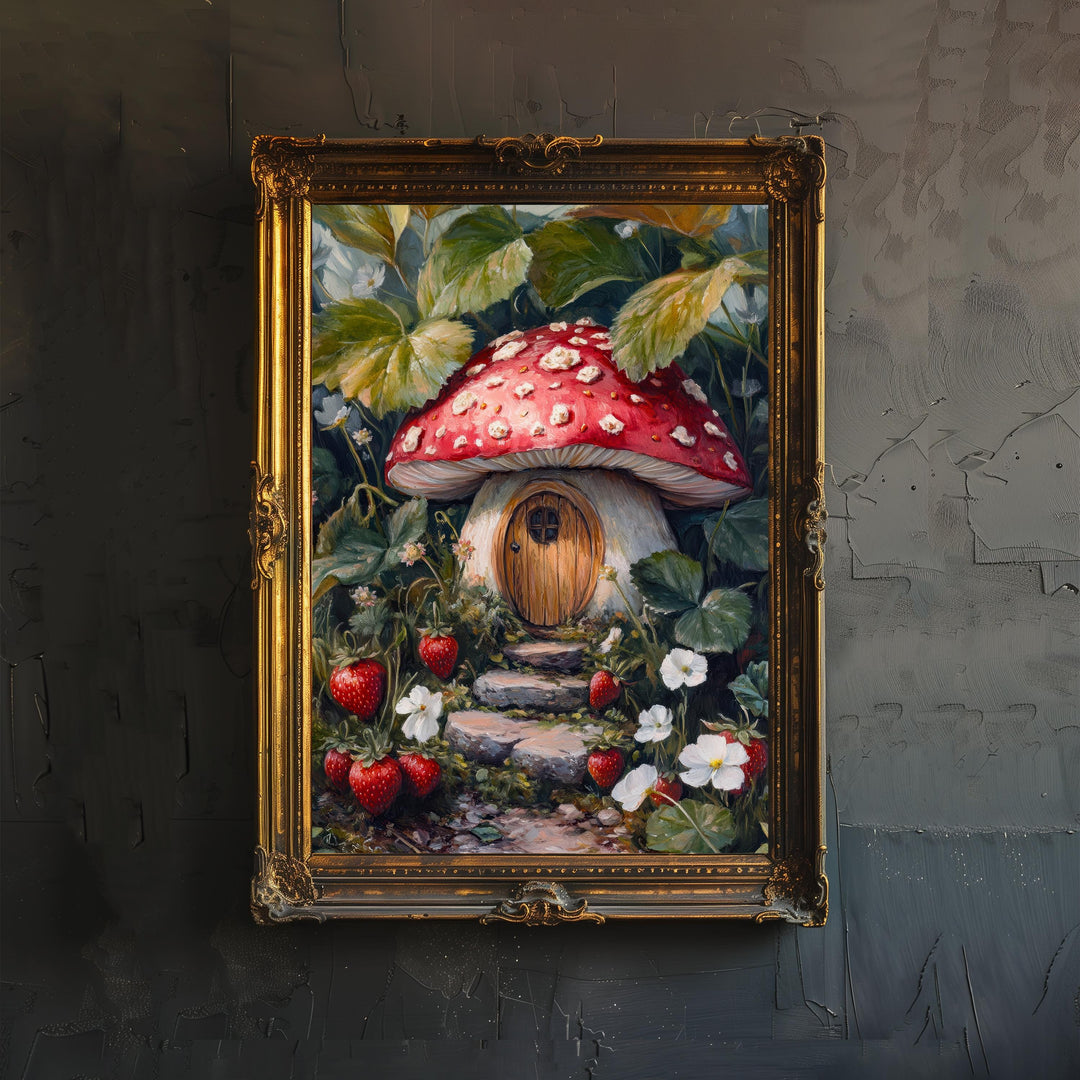 Fairycore Strawberry Patch Cottage Art Print Cottagecore Decor Whimsical Garden Wall Art Vintage Nature Poster for Cozy