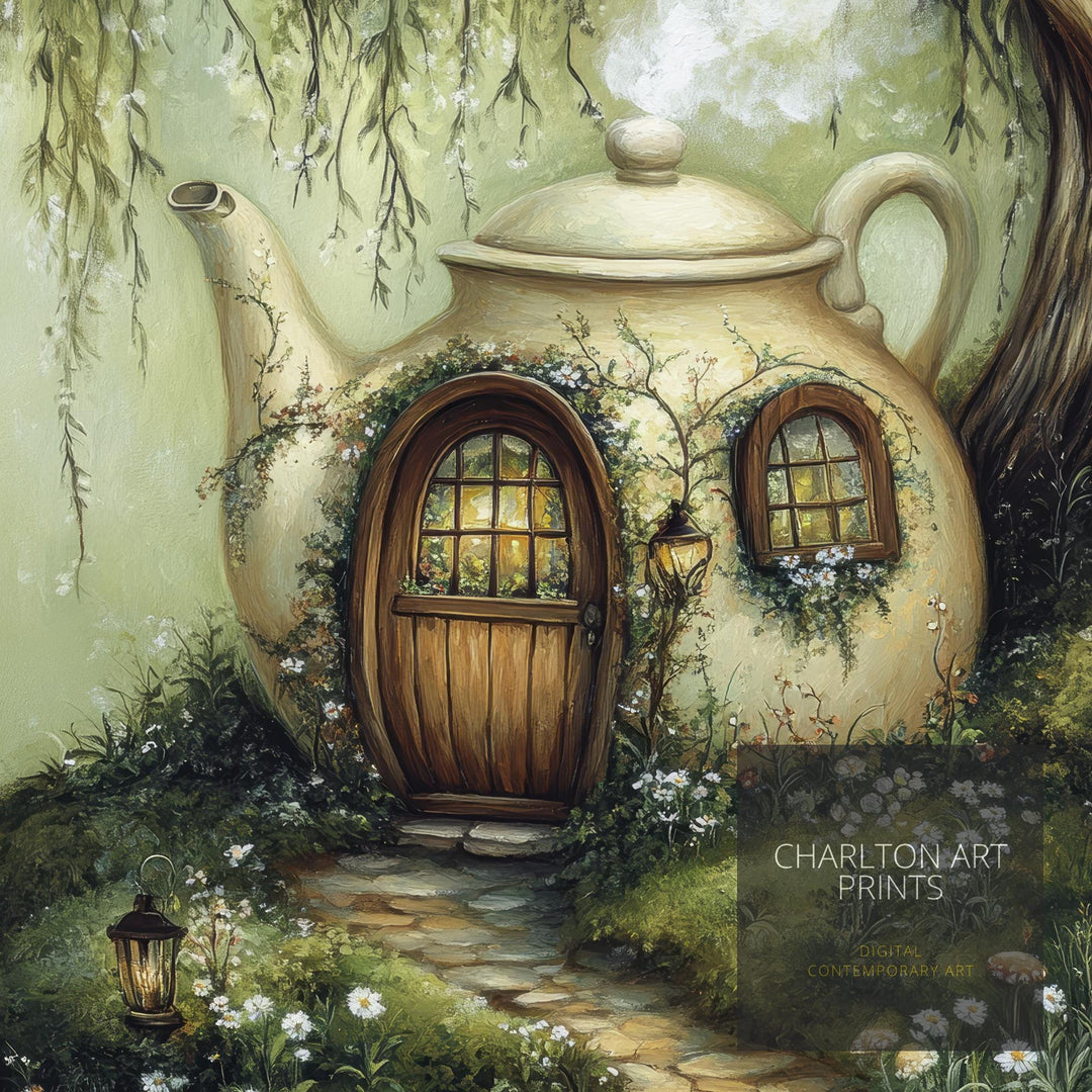 Teacup Fairycore House Art Print Cottagecore Decor Whimsical Garden Wall Art Vintage Nature Poster for Cozy Homes and Storybook Inspired