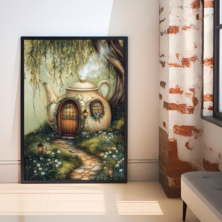 Teacup Fairycore House Art Print Cottagecore Decor Whimsical Garden Wall Art Vintage Nature Poster for Cozy Homes and Storybook Inspired