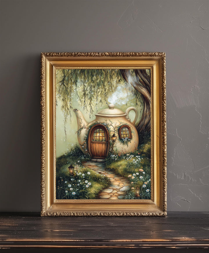Teacup Fairycore House Art Print Cottagecore Decor Whimsical Garden Wall Art Vintage Nature Poster for Cozy Homes and Storybook Inspired