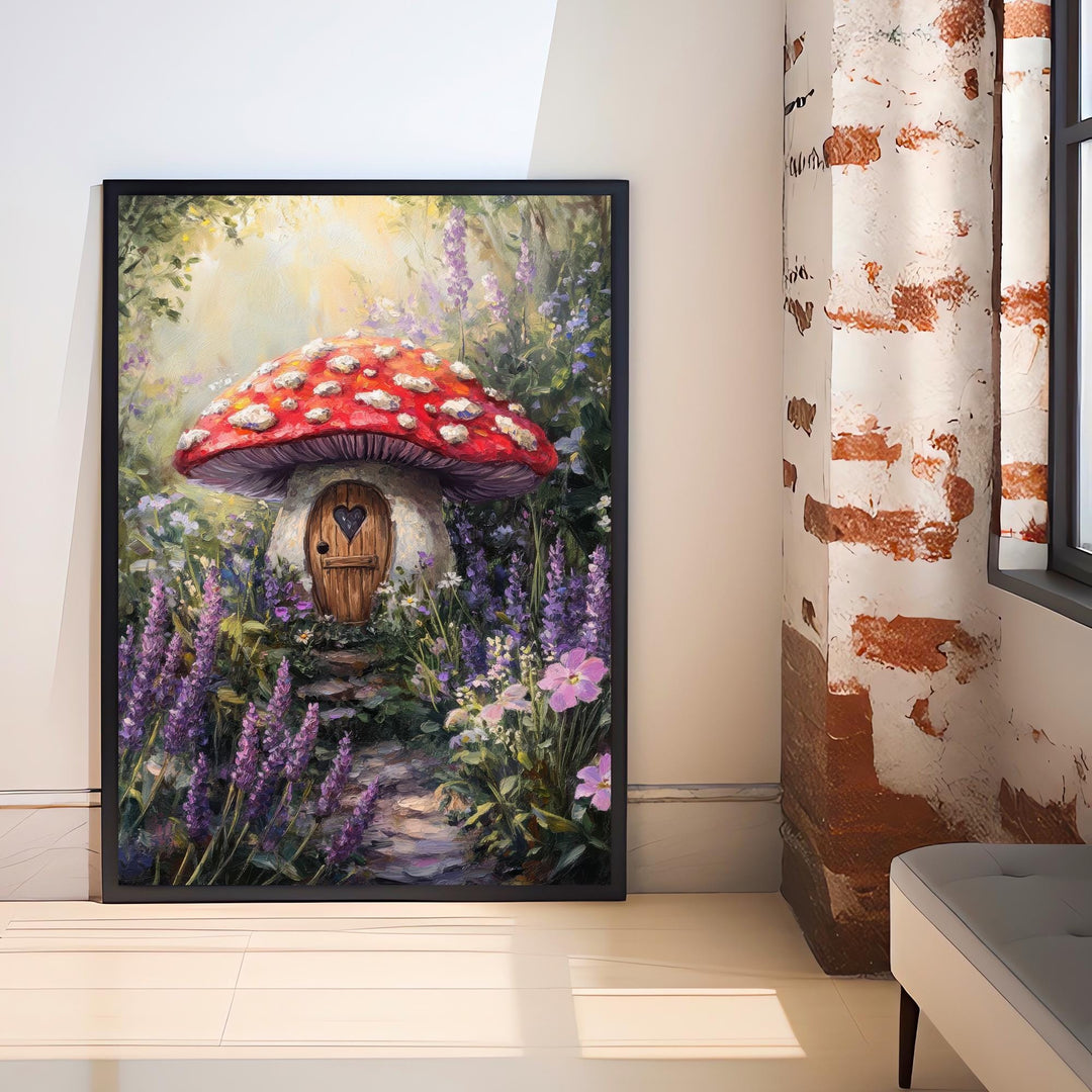 Fairycore Lavender Lance Toadstool House Art Print Cottagecore Decor Whimsical Mushroom Wall Art Vintage Nature Poster for Cozy Homes
