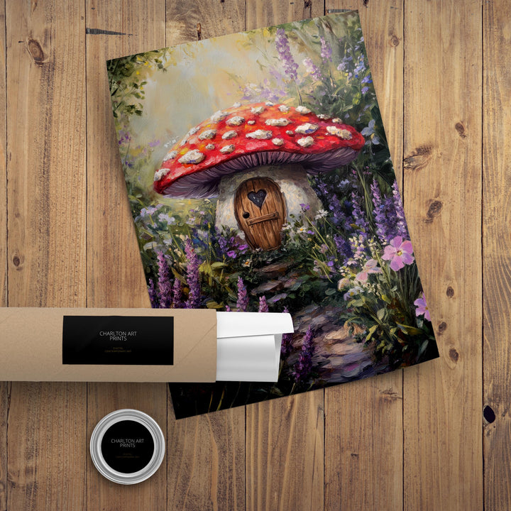 Fairycore Lavender Lance Toadstool House Art Print Cottagecore Decor Whimsical Mushroom Wall Art Vintage Nature Poster for Cozy Homes