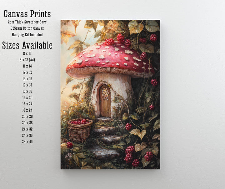 Raspberry Lane Toadstool Cottage Art Print Cottagecore Decor Whimsical Mushroom Wall Art Vintage Nature Poster for Cozy Homes and Garden