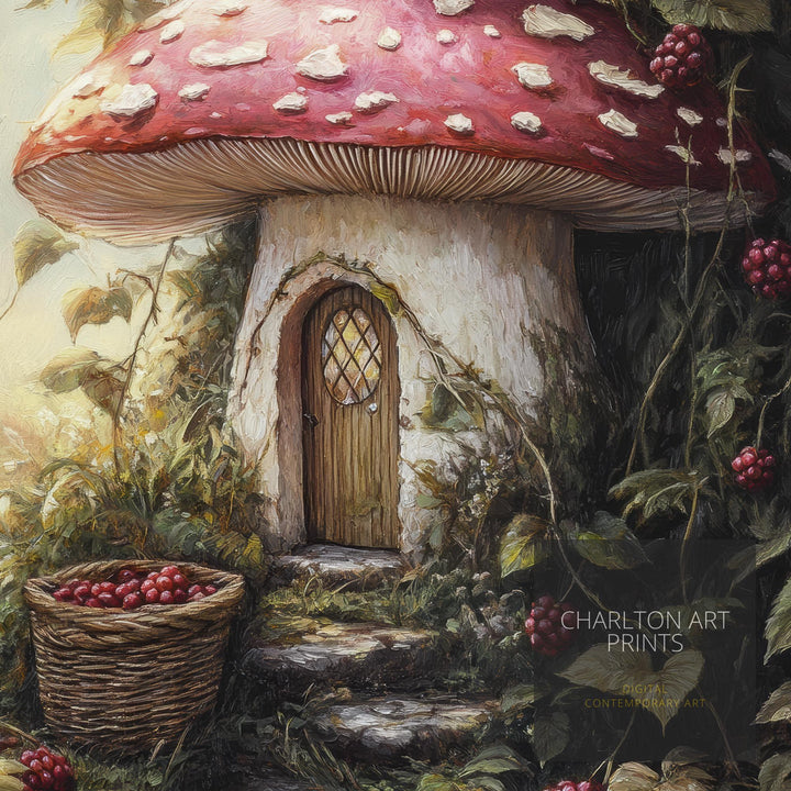 Raspberry Lane Toadstool Cottage Art Print Cottagecore Decor Whimsical Mushroom Wall Art Vintage Nature Poster for Cozy Homes and Garden