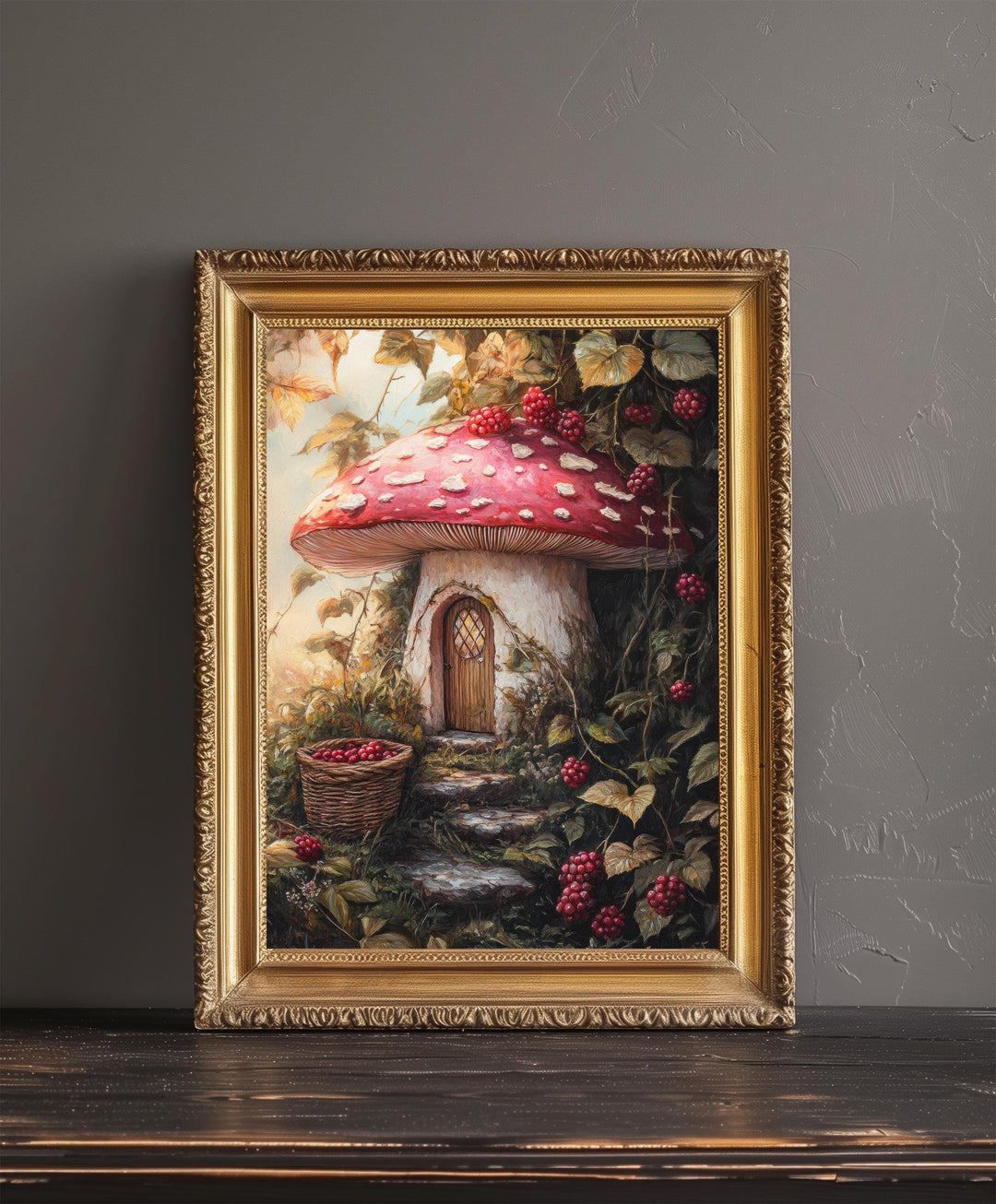 Raspberry Lane Toadstool Cottage Art Print Cottagecore Decor Whimsical Mushroom Wall Art Vintage Nature Poster for Cozy Homes and Garden
