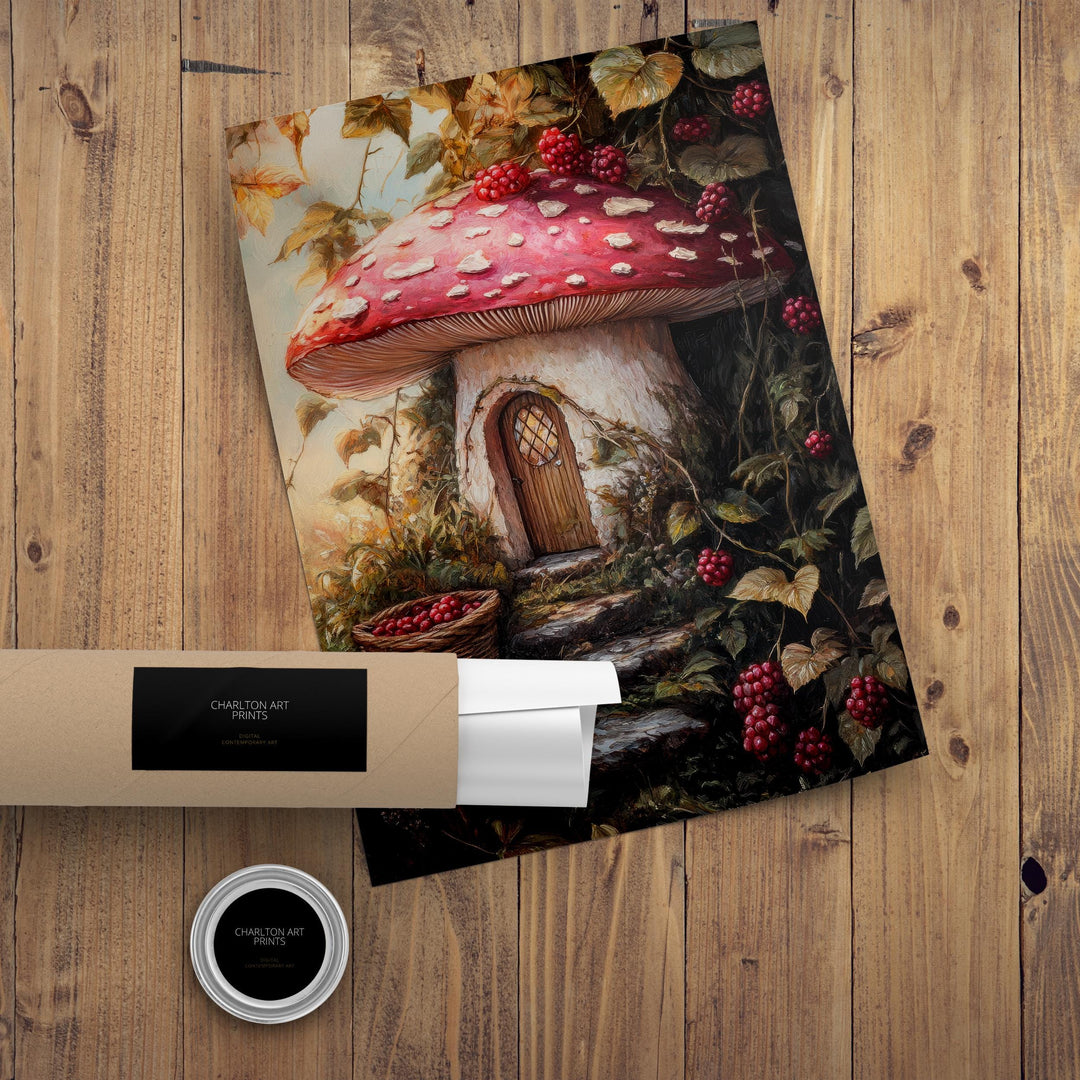 Raspberry Lane Toadstool Cottage Art Print Cottagecore Decor Whimsical Mushroom Wall Art Vintage Nature Poster for Cozy Homes and Garden