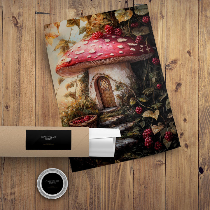 Raspberry Lane Toadstool Cottage Art Print Cottagecore Decor Whimsical Mushroom Wall Art Vintage Nature Poster for Cozy Homes and Garden