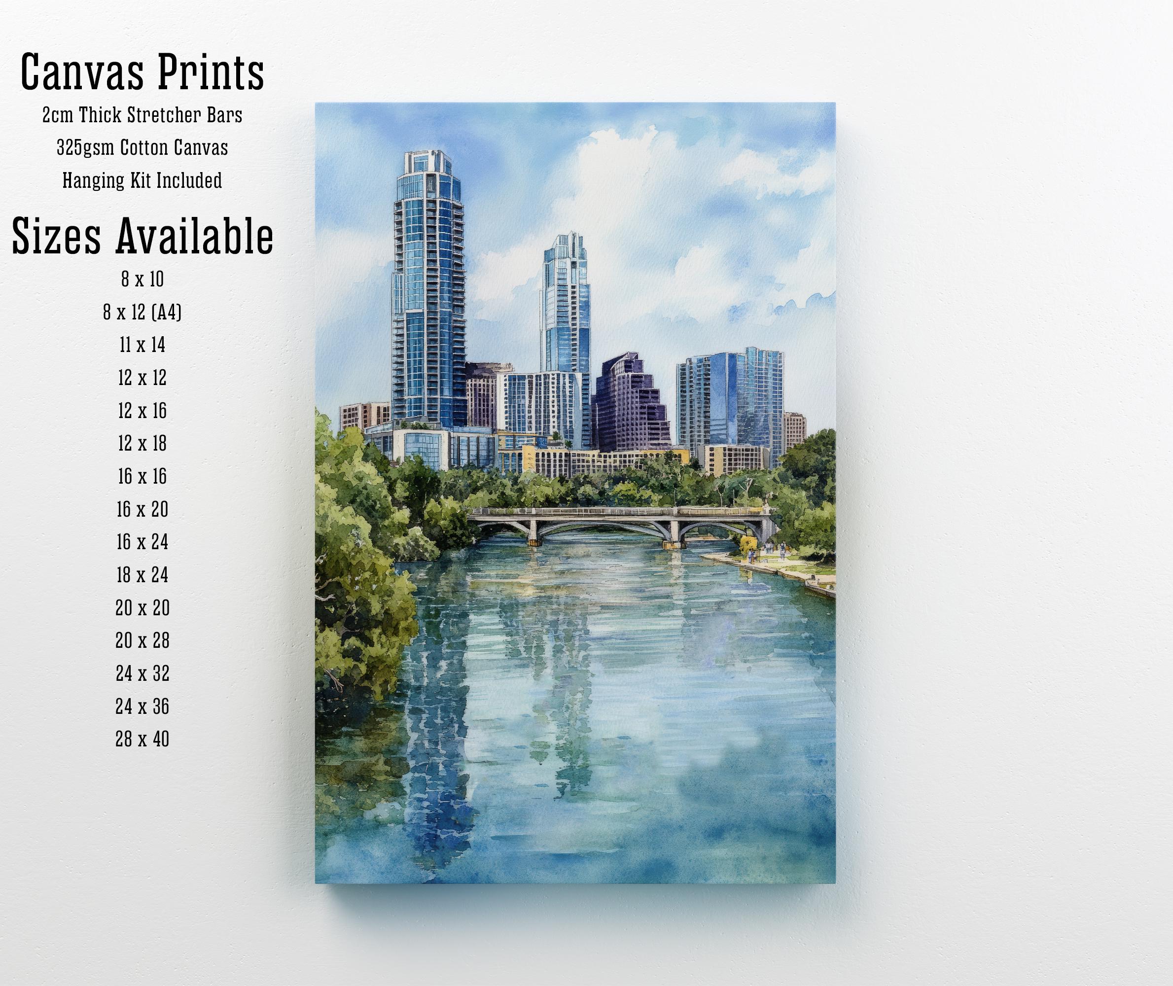 Austin Texas Watercolor Painting Austin Skyline Art Texas Print Scenic Austin Watercolor City Art