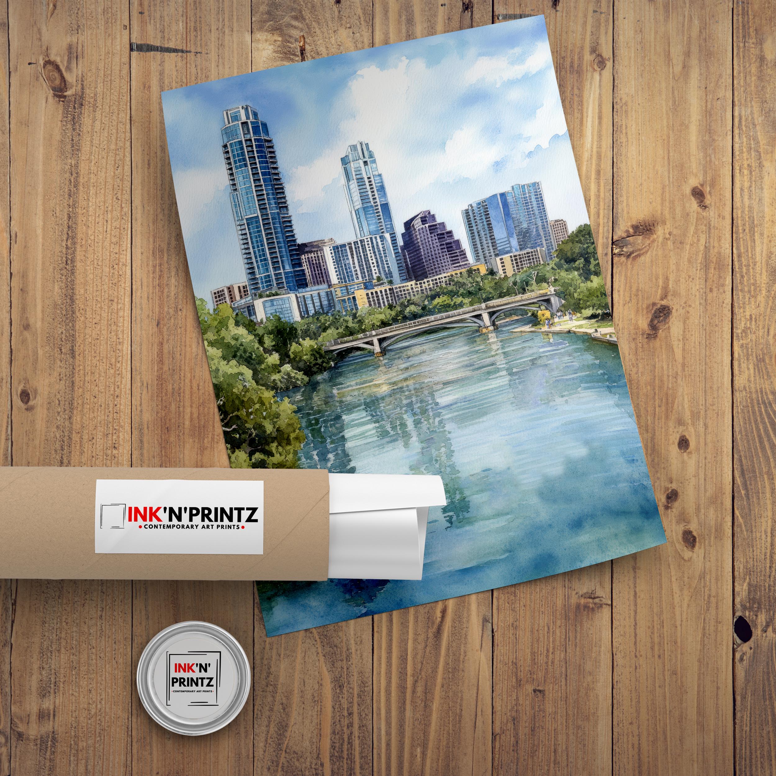 Austin Texas Watercolor Painting Austin Skyline Art Texas Print Scenic Austin Watercolor City Art