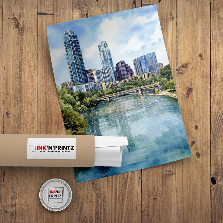 Austin Texas Watercolor Painting Austin Skyline Art Texas Print Scenic Austin Watercolor City Art