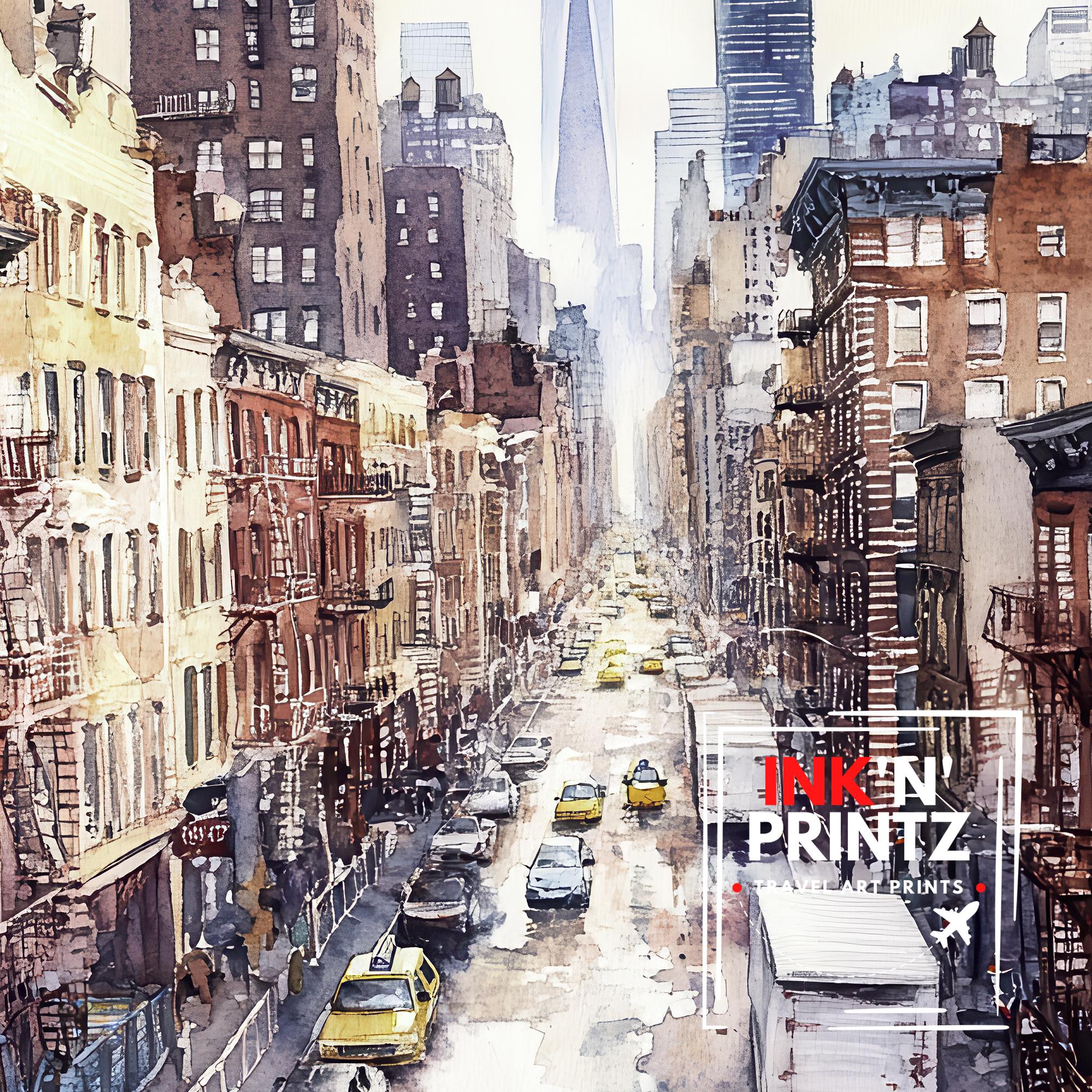 New York City Watercolor Poster NYC Skyline Art New York Print Scenic Cityscape Watercolor Decor