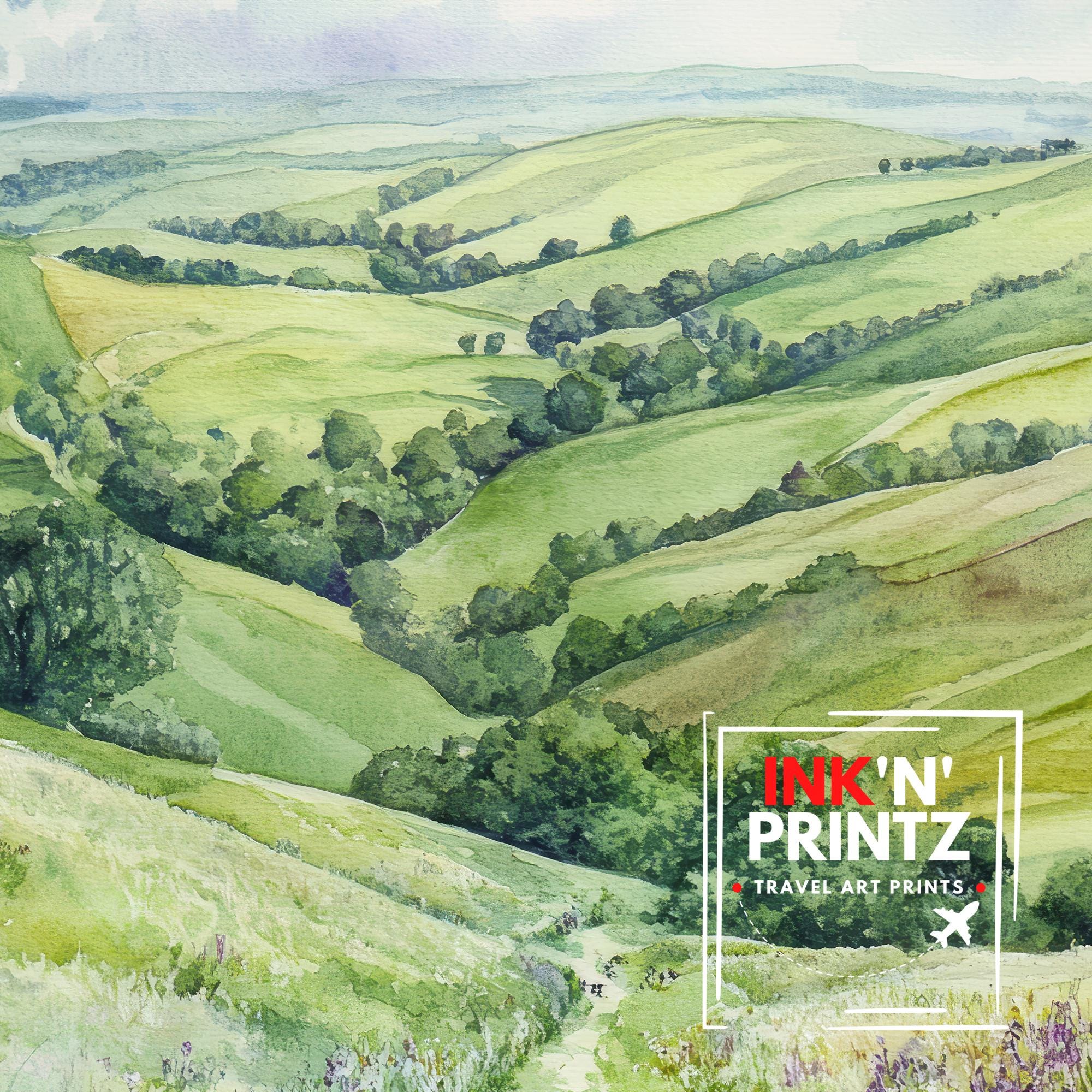 South Downs Watercolour Painting UK Landscape Art South Downs Print Scenic Countryside Decor
