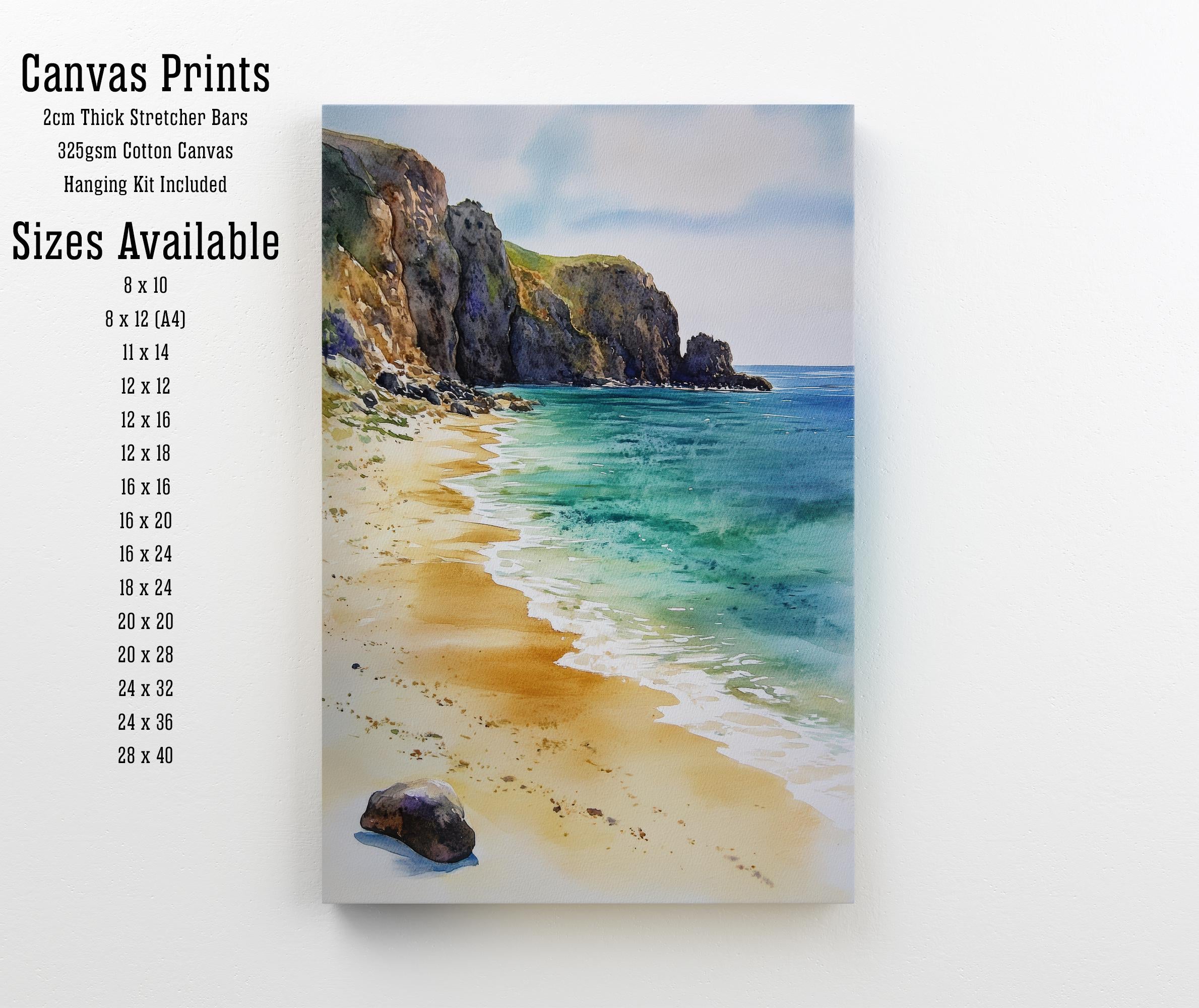 Porthcurno Beach Watercolor Painting Cornwall Beach Art Porthcurno Print Scenic Seaside Decor
