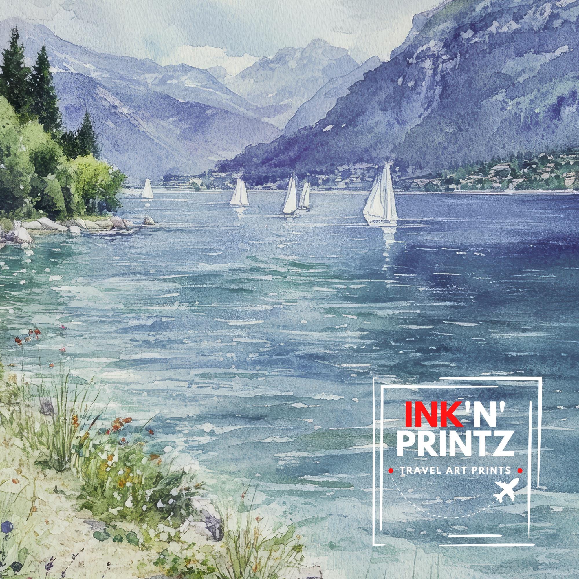 Lake Annecy Watercolor Painting French Alps Art Annecy Print Scenic Lake Decor Watercolor Landscape