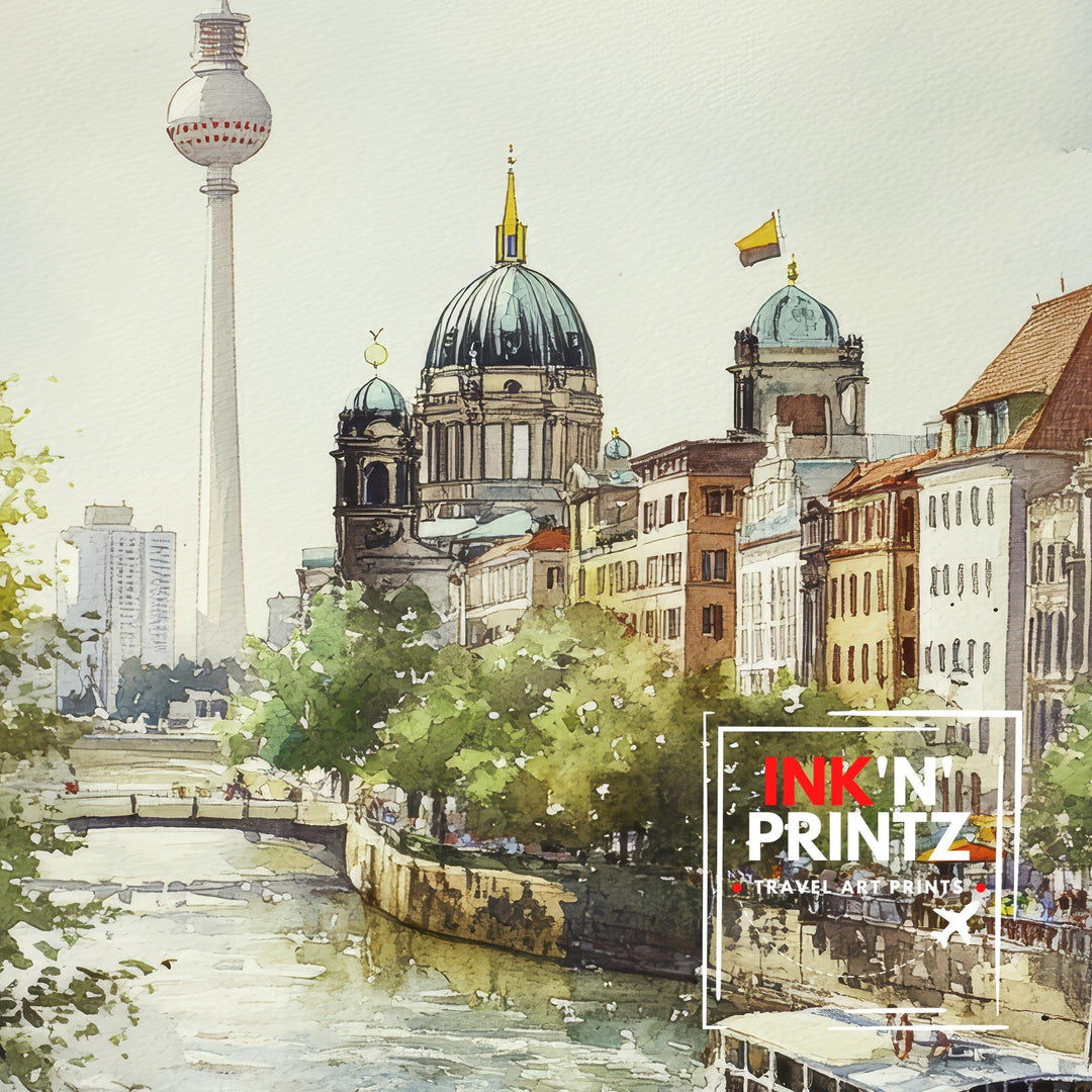 Berlin Germany Watercolor Painting Berlin Skyline Art Berlin Print Scenic Cityscape Decor