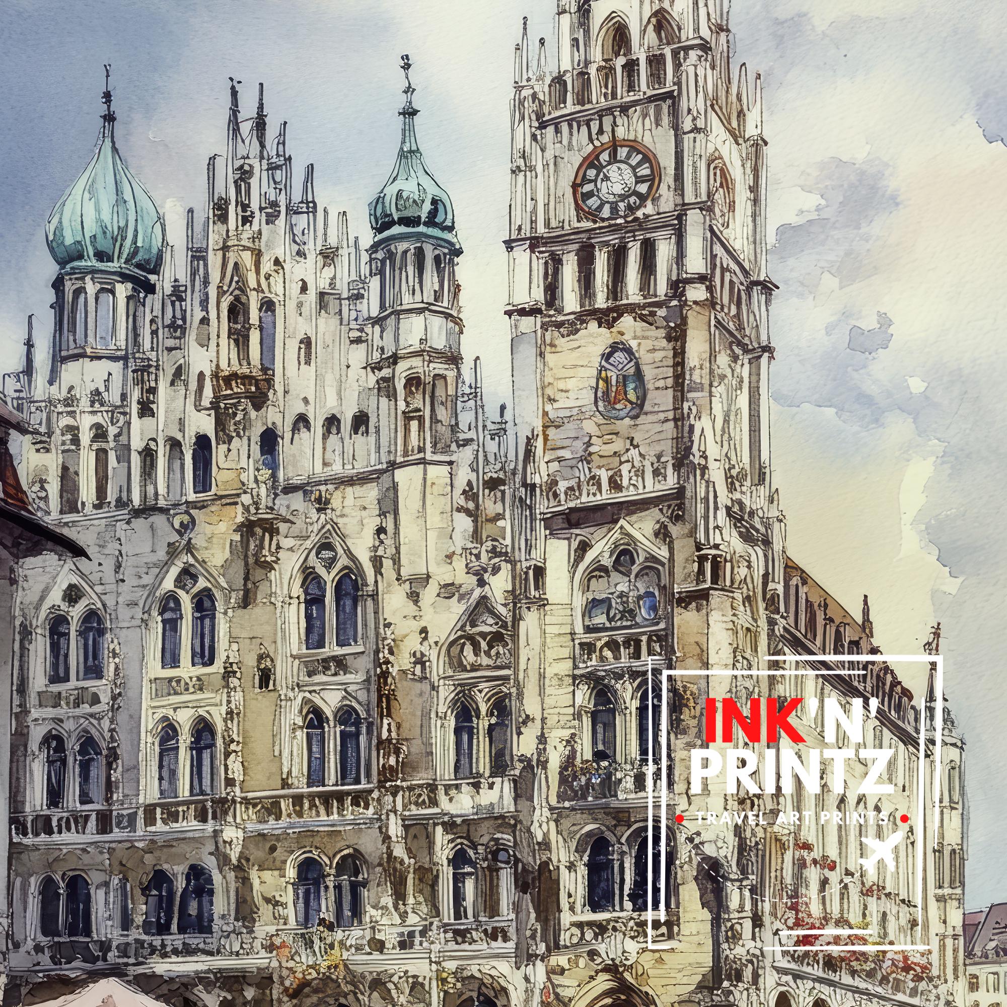 Munich Germany Watercolor Painting German City Art Munich Print Scenic Cityscape Decor