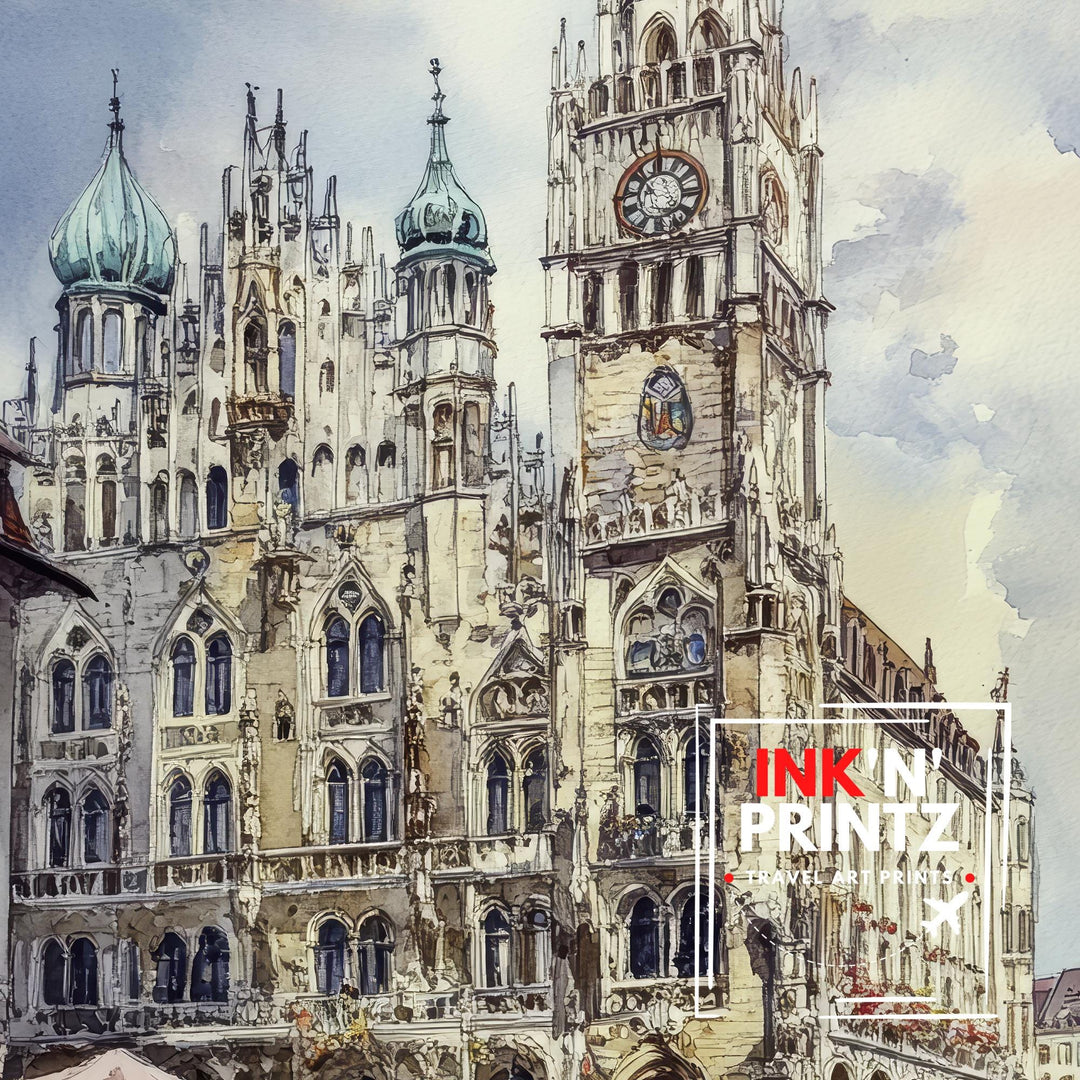 Munich Germany Watercolor Painting German City Art Munich Print Scenic Cityscape Decor
