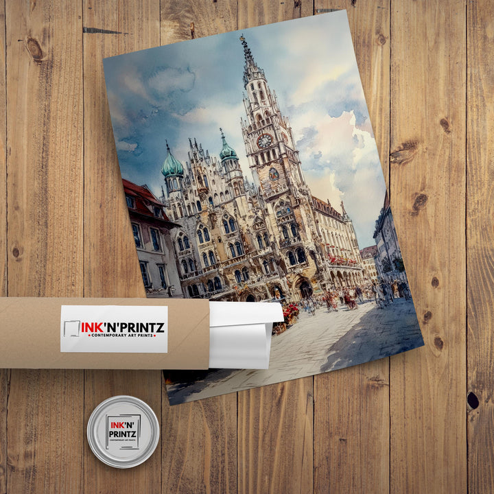 Munich Germany Watercolor Painting German City Art Munich Print Scenic Cityscape Decor