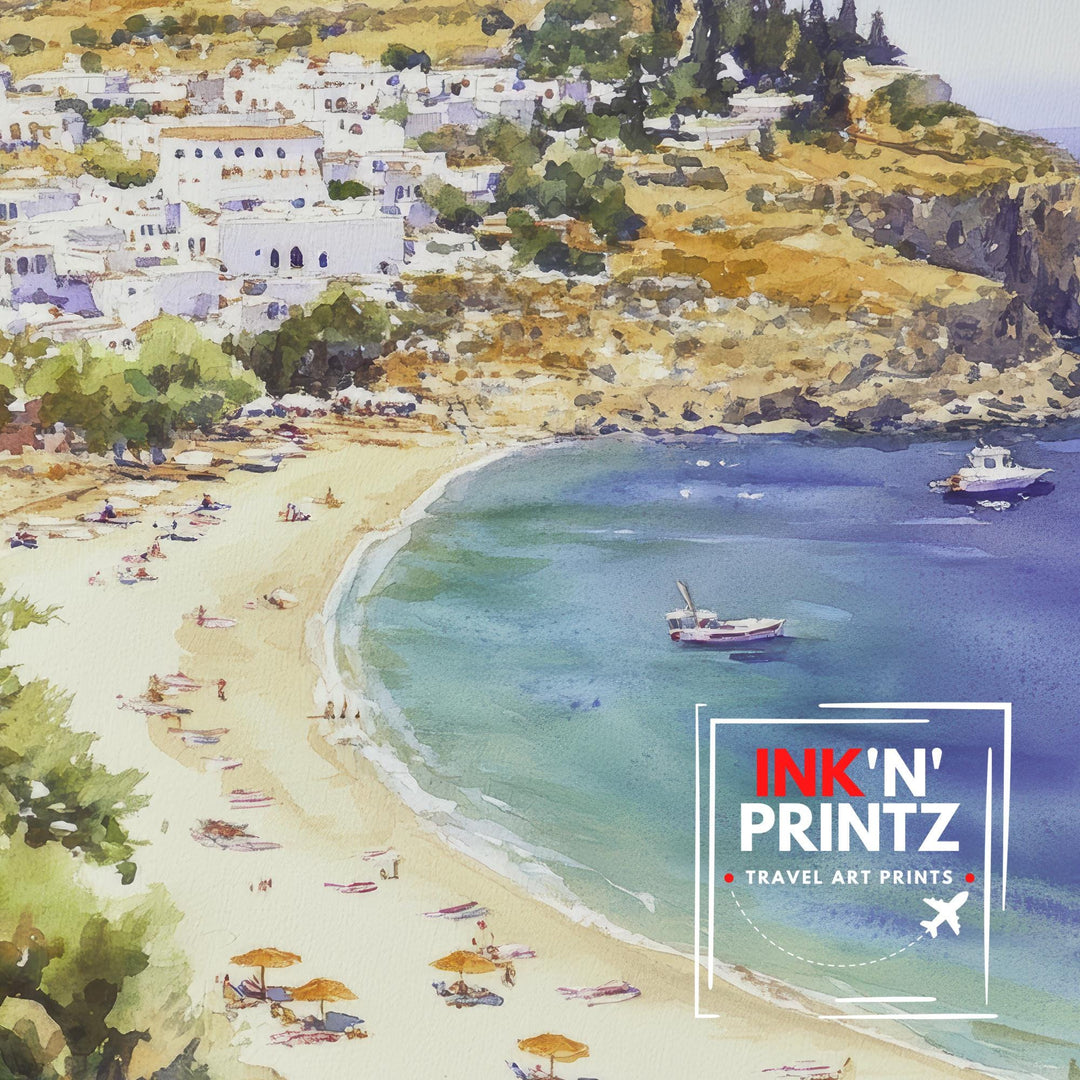 Rhodes Greece Watercolor Painting Greek Island Art Rhodes Print Scenic Mediterranean Decor