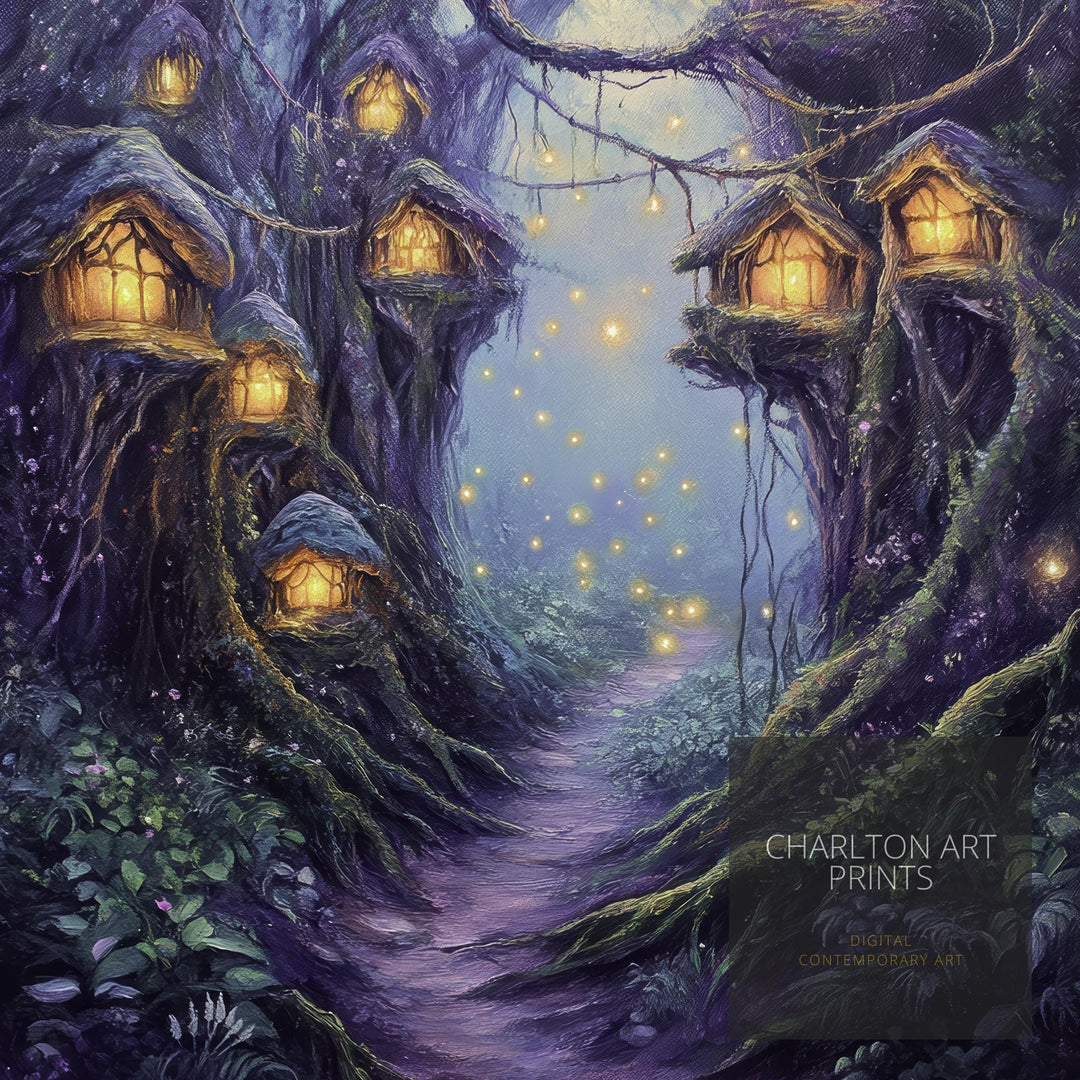 Twilight Fairy Hollow Art Print Cottagecore Decor Whimsical Woodland Wall Art Vintage Nature Poster for Cozy Homes and Forest Inspired