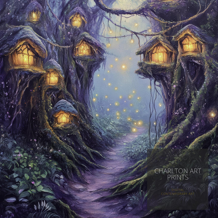 Twilight Fairy Hollow Art Print Cottagecore Decor Whimsical Woodland Wall Art Vintage Nature Poster for Cozy Homes and Forest Inspired