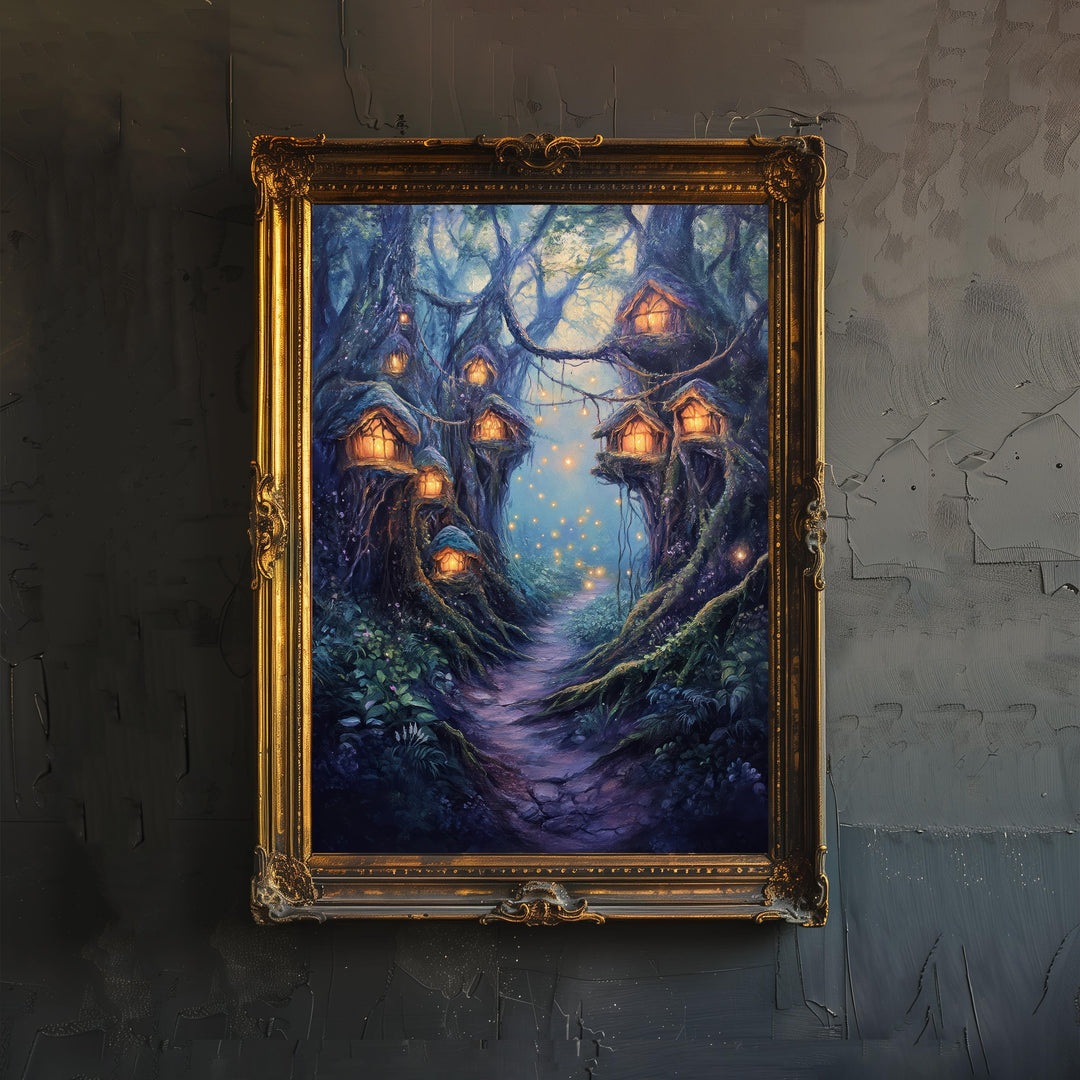 Twilight Fairy Hollow Art Print Cottagecore Decor Whimsical Woodland Wall Art Vintage Nature Poster for Cozy Homes and Forest Inspired