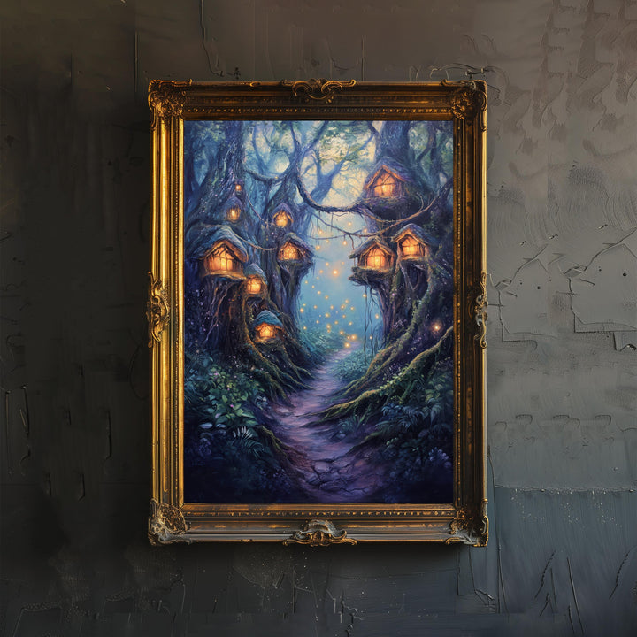 Twilight Fairy Hollow Art Print Cottagecore Decor Whimsical Woodland Wall Art Vintage Nature Poster for Cozy Homes and Forest Inspired