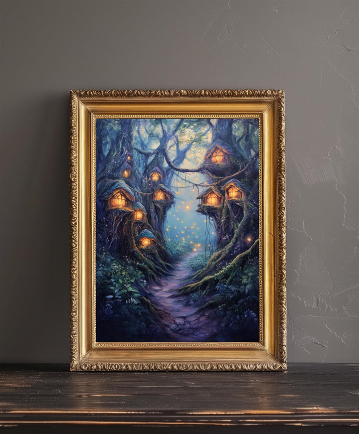 Twilight Fairy Hollow Art Print Cottagecore Decor Whimsical Woodland Wall Art Vintage Nature Poster for Cozy Homes and Forest Inspired