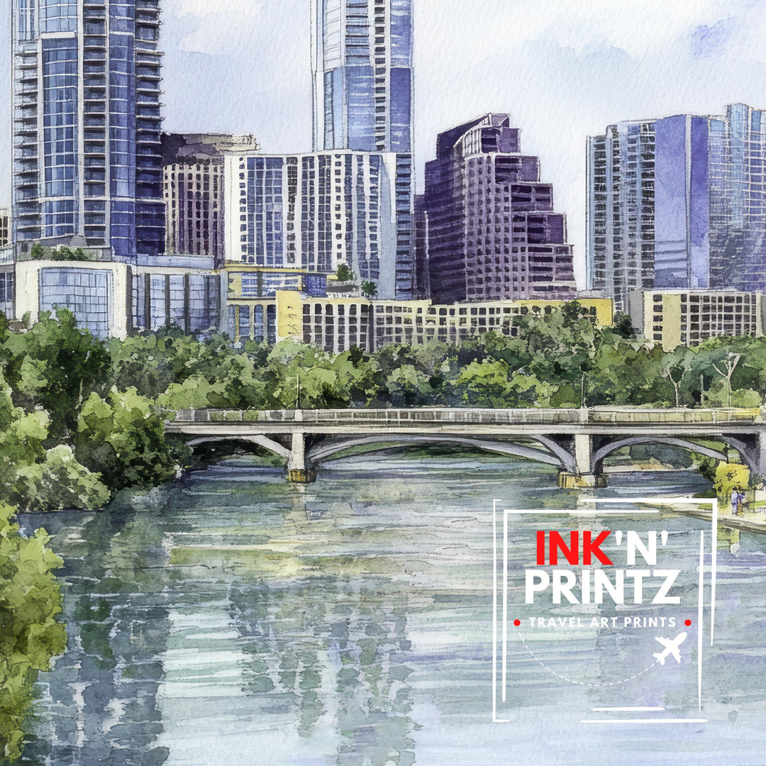 Austin Texas Watercolor Painting Austin Skyline Art Texas Print Scenic Austin Watercolor City Art