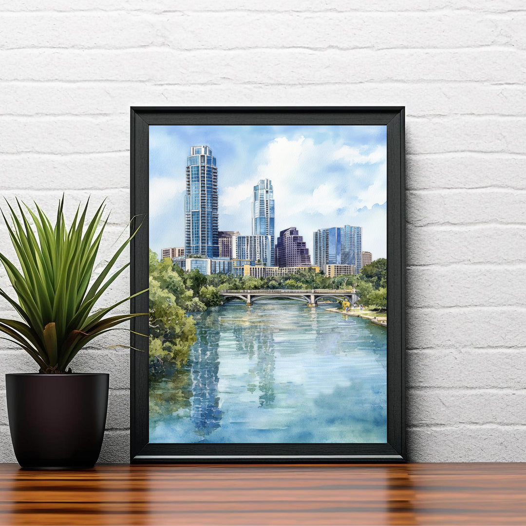 Austin Texas Watercolor Painting Austin Skyline Art Texas Print Scenic Austin Watercolor City Art