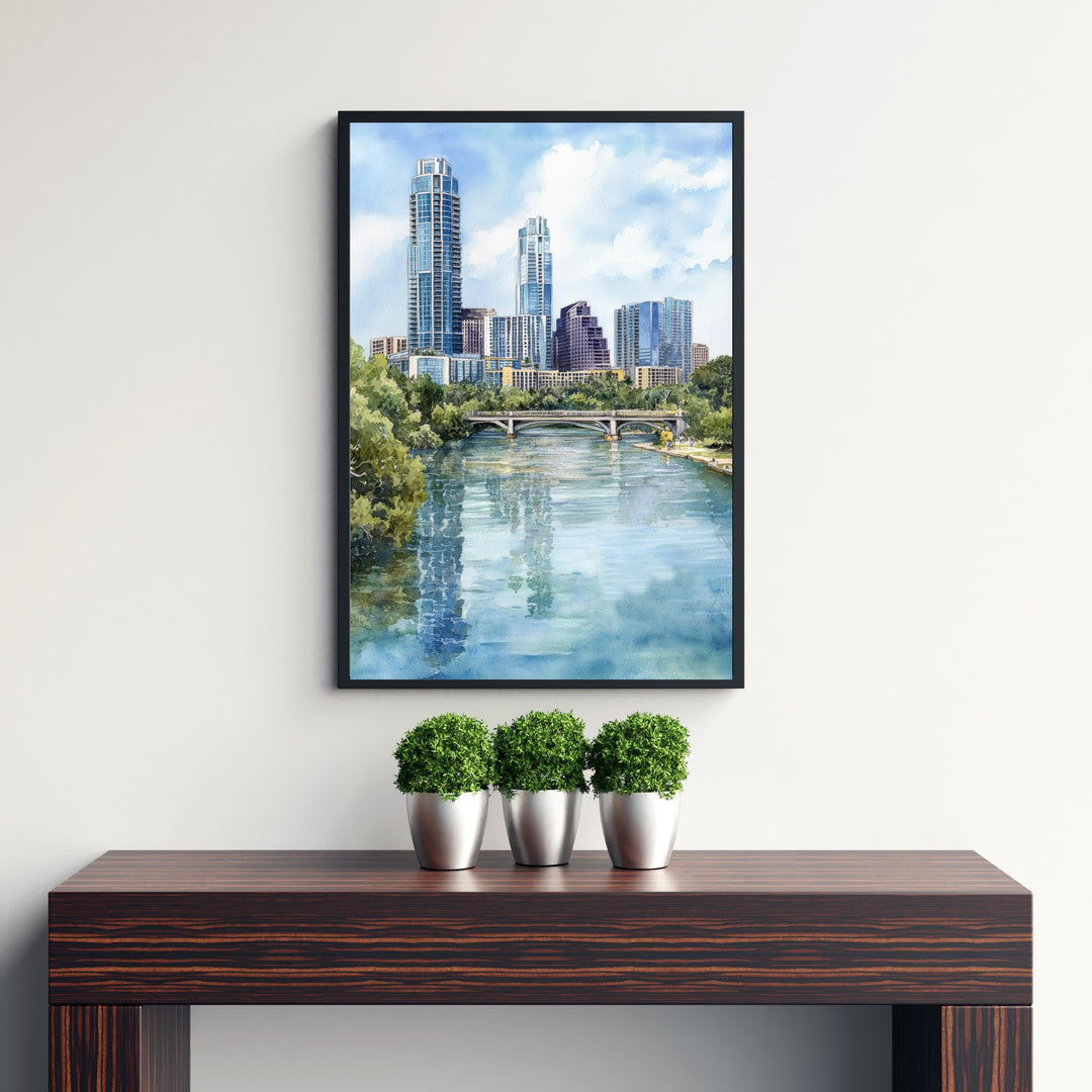 Austin Texas Watercolor Painting Austin Skyline Art Texas Print Scenic Austin Watercolor City Art