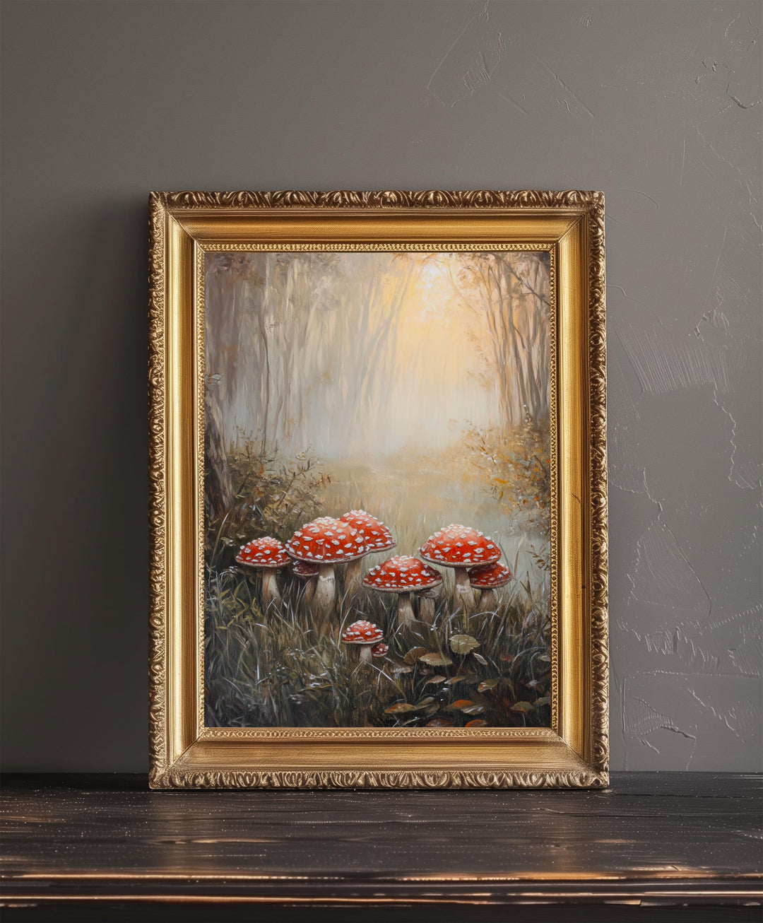Toadstools in Misty Field Art Print Cottagecore Decor Whimsical Woodland Wall Art Vintage Nature Poster for Cozy Homes and Forest Inspired
