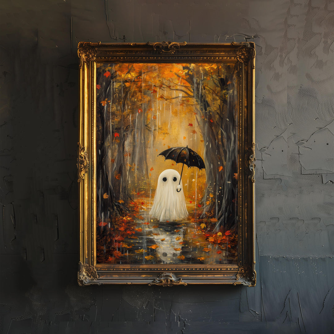 Autumn Ghost in Rain Art Print Cottagecore Spooky Season Decor Whimsical Halloween Wall Art
