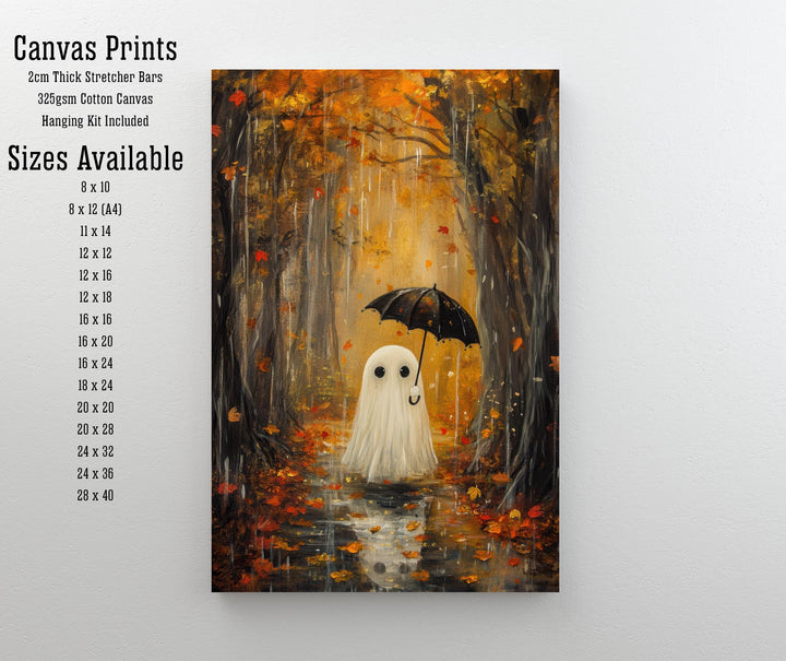 Autumn Ghost in Rain Art Print Cottagecore Spooky Season Decor Whimsical Halloween Wall Art
