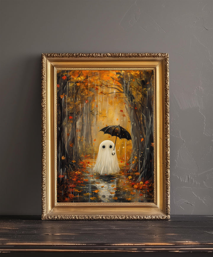 Autumn Ghost in Rain Art Print Cottagecore Spooky Season Decor Whimsical Halloween Wall Art