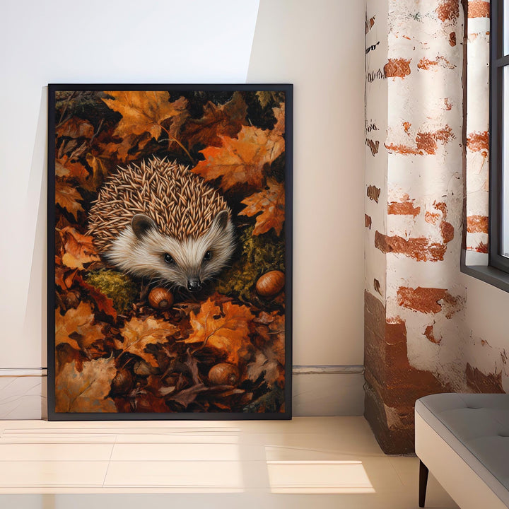 Hedgehog in Autumn Forest Print Cottagecore Woodland Art Cozy Fall Decor Whimsical Forest Animal Wall Art