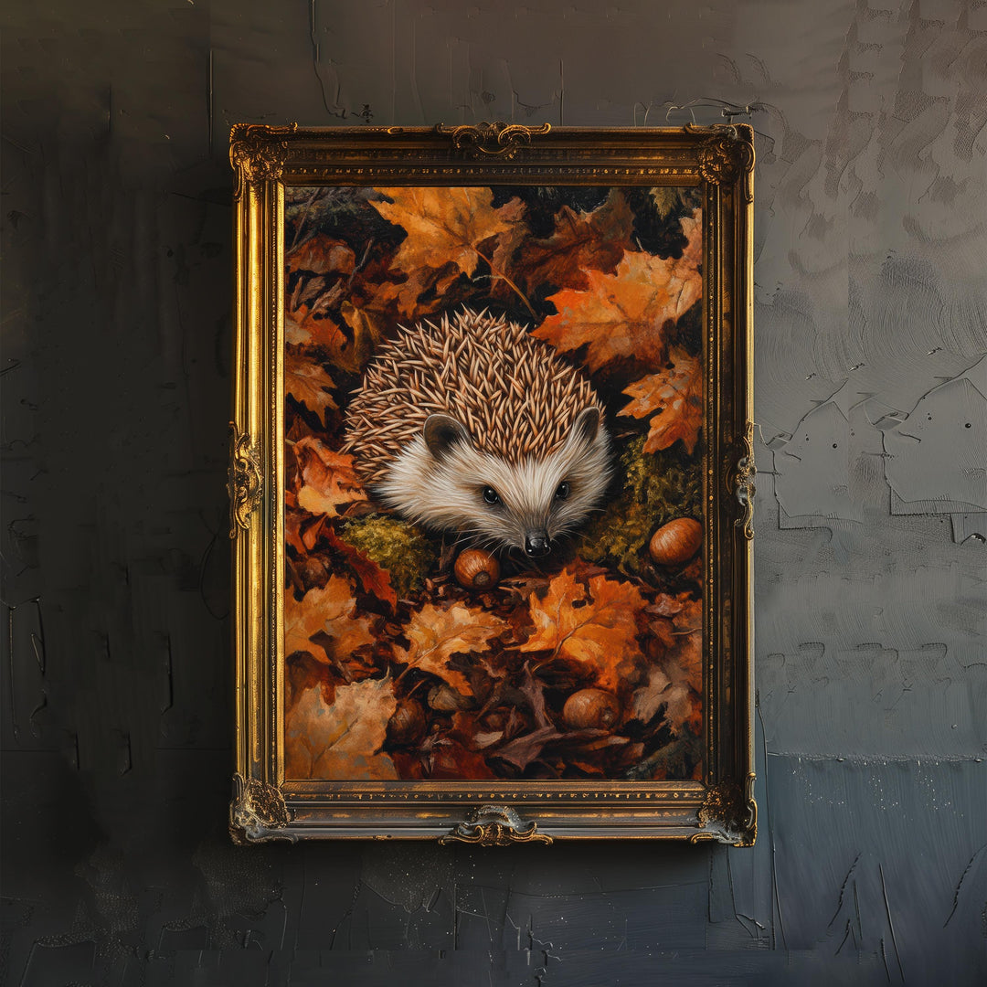 Hedgehog in Autumn Forest Print Cottagecore Woodland Art Cozy Fall Decor Whimsical Forest Animal Wall Art