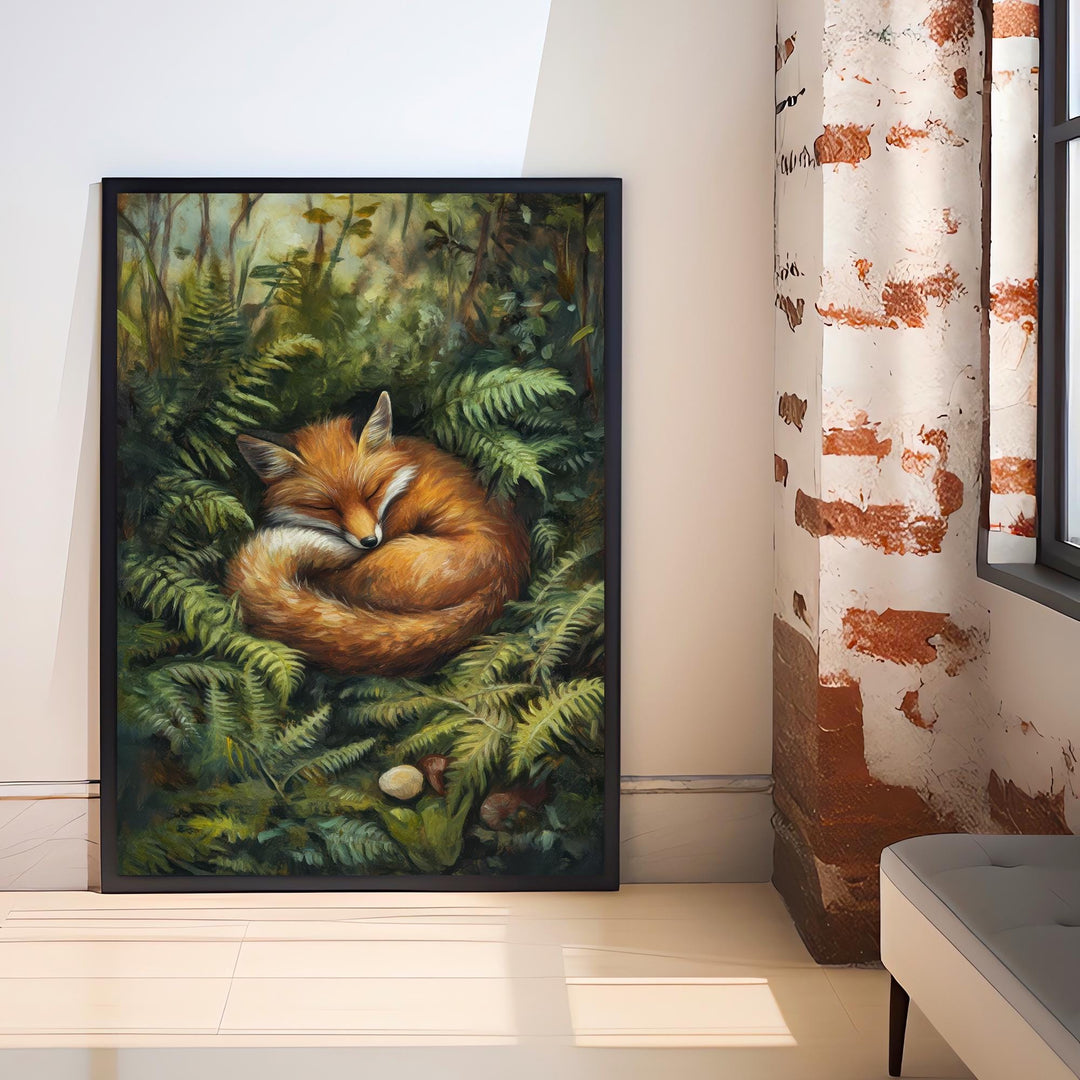 Fox Sleeping in Ferns Art Print Cottagecore Woodland Animal Decor Cozy Nature Wall Art Whimsical Forest Scene