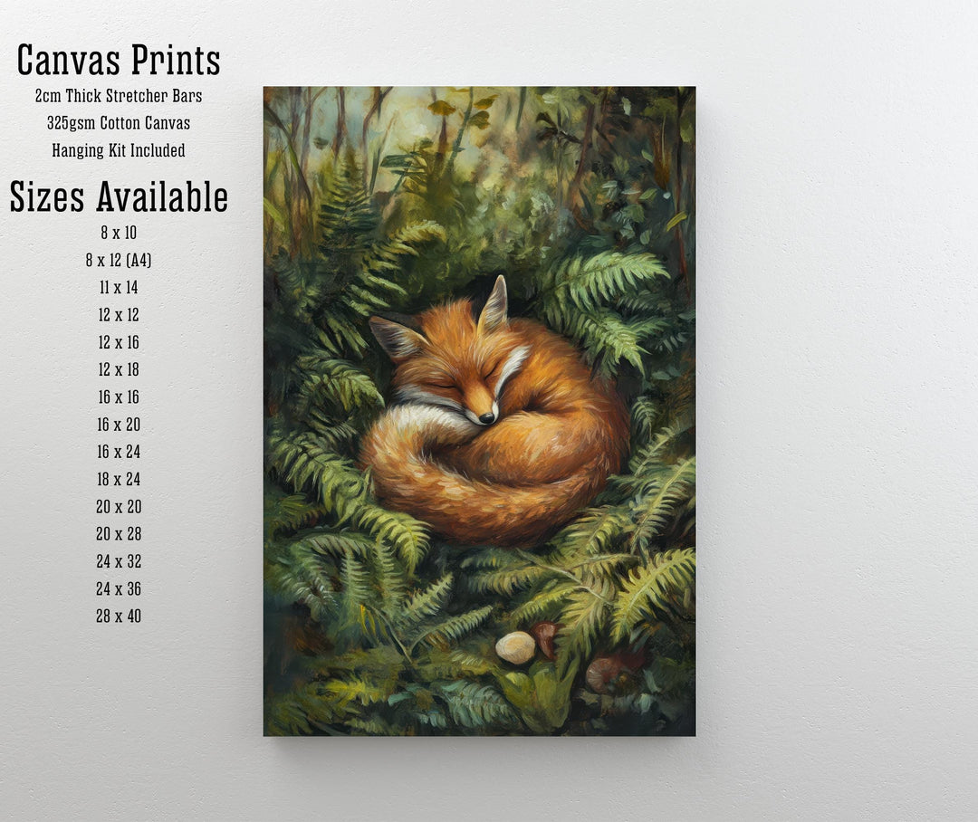 Fox Sleeping in Ferns Art Print Cottagecore Woodland Animal Decor Cozy Nature Wall Art Whimsical Forest Scene