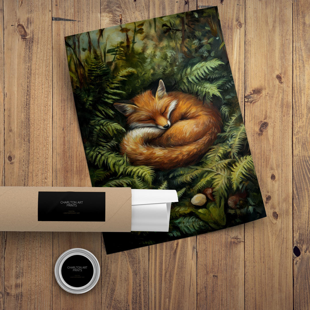 Fox Sleeping in Ferns Art Print Cottagecore Woodland Animal Decor Cozy Nature Wall Art Whimsical Forest Scene