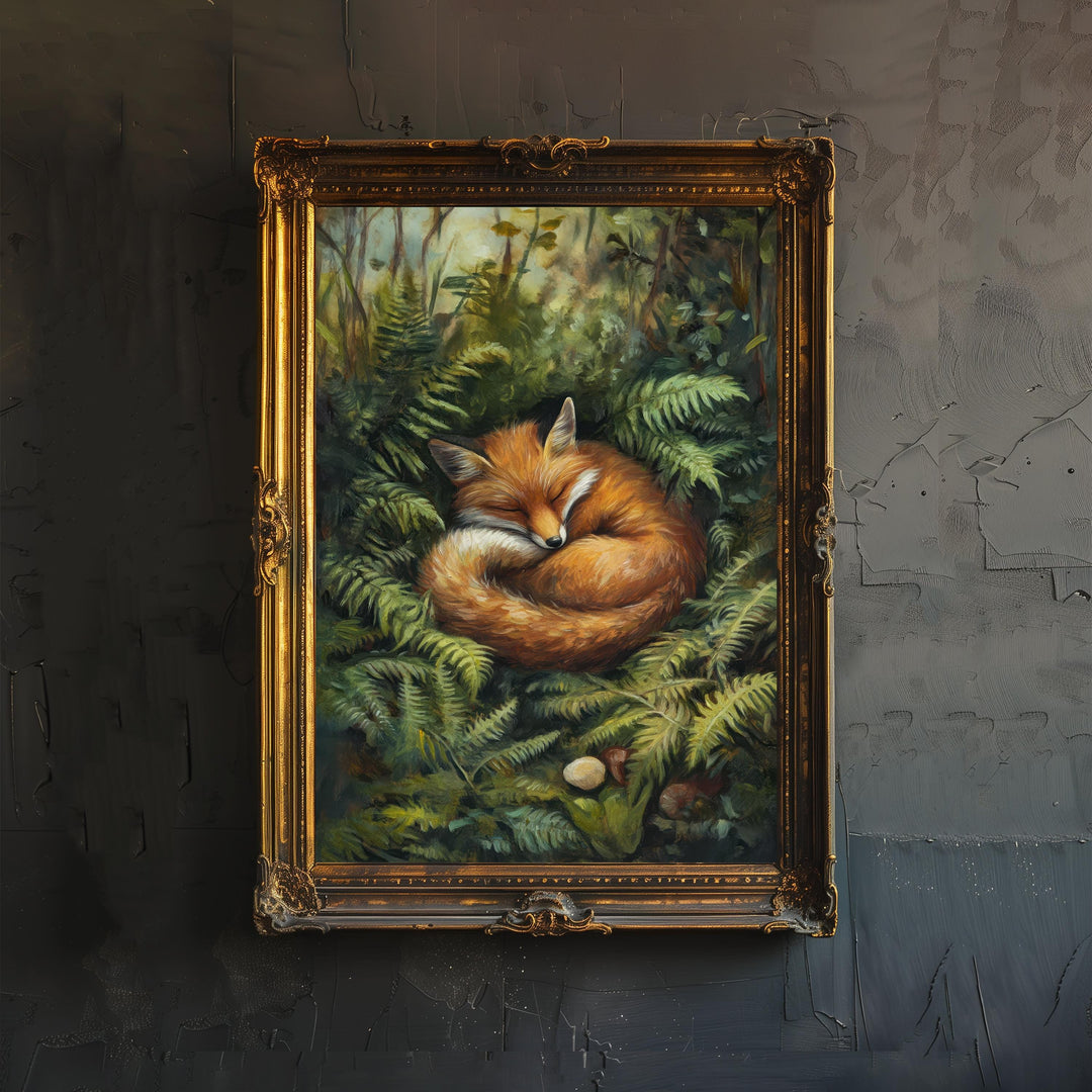 Fox Sleeping in Ferns Art Print Cottagecore Woodland Animal Decor Cozy Nature Wall Art Whimsical Forest Scene