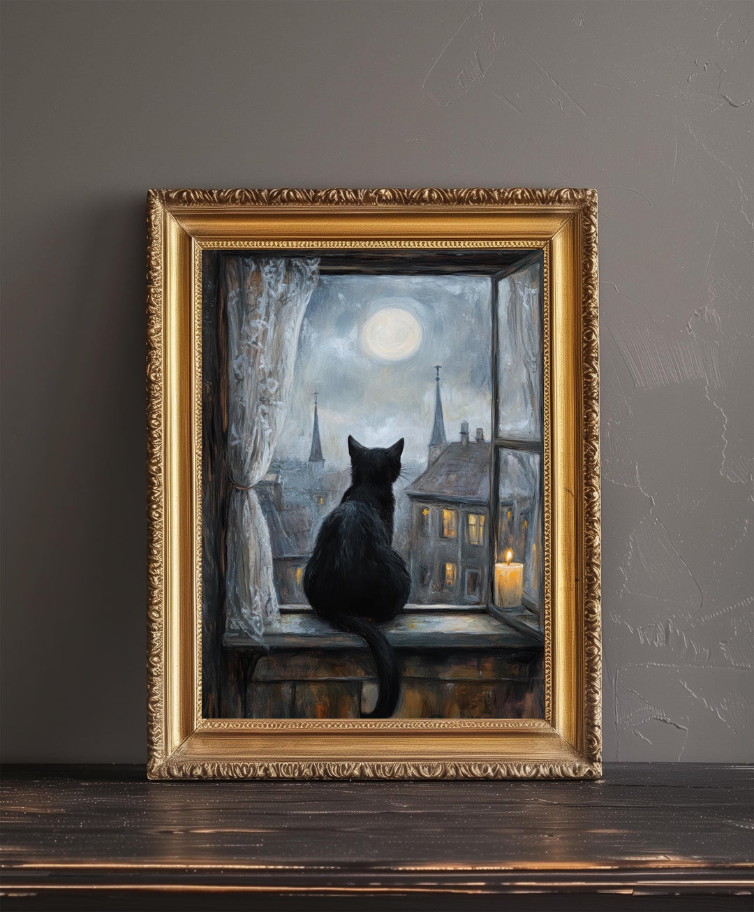 Black Cat on Windowsill Art Print Cottagecore Cozy Home Decor Whimsical Feline Wall Art