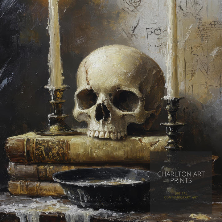 Skull and Candlelight Art Print Dark Academia Gothic Decor Moody Home Wall Art Antique Still Life