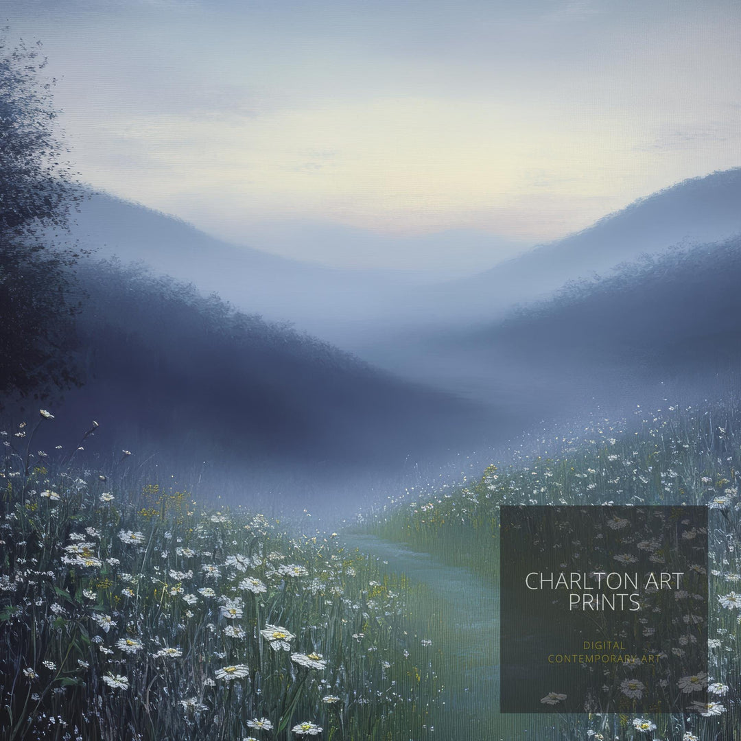 Crescent Moon Over Quiet Meadow Art Print Cottagecore Night Sky Decor Peaceful Landscape Wall Art