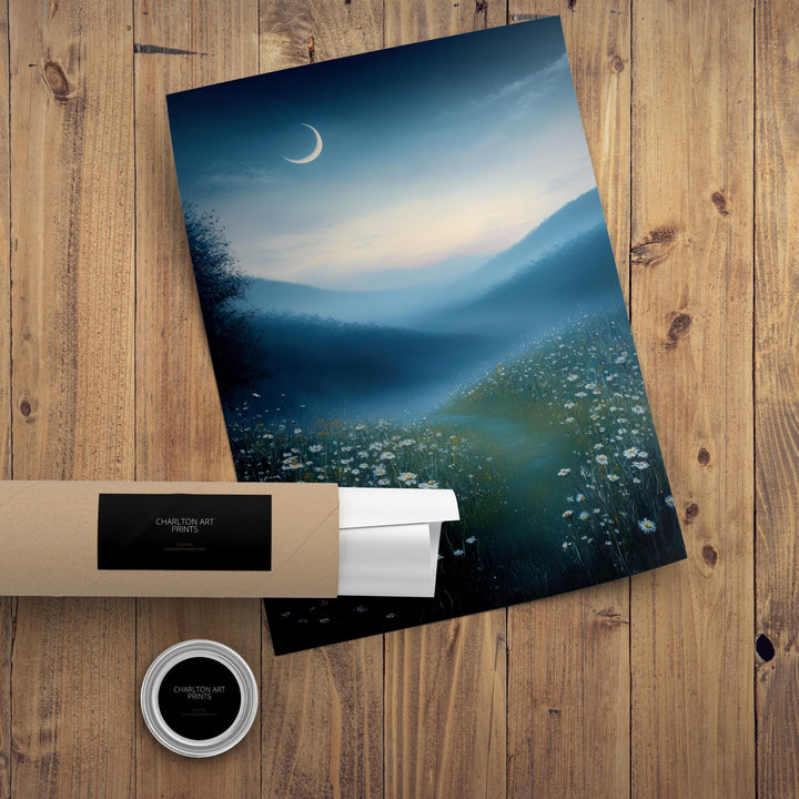 Crescent Moon Over Quiet Meadow Art Print Cottagecore Night Sky Decor Peaceful Landscape Wall Art