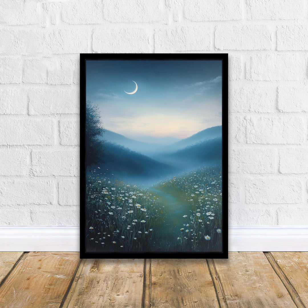 Crescent Moon Over Quiet Meadow Art Print Cottagecore Night Sky Decor Peaceful Landscape Wall Art