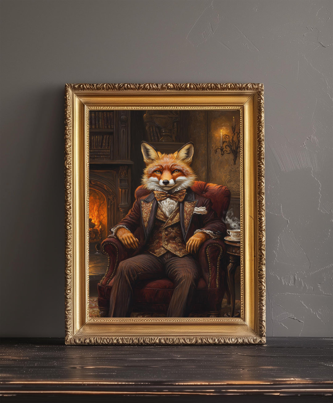Fox in Victorian Armchair Art Print Cottagecore Cozy Reading Nook Decor Whimsical Animal Portrait