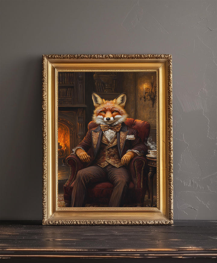 Fox in Victorian Armchair Art Print Cottagecore Cozy Reading Nook Decor Whimsical Animal Portrait