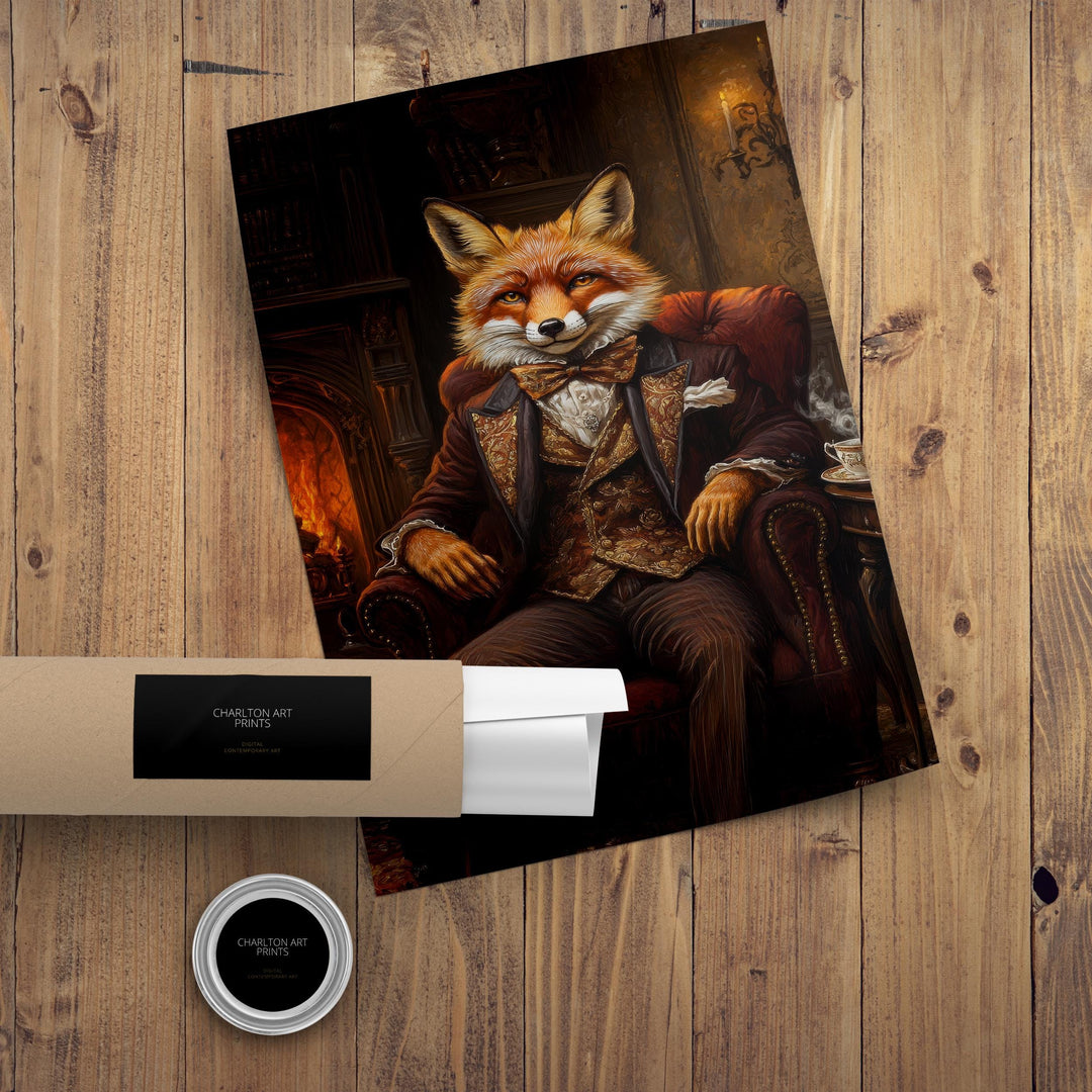 Fox in Victorian Armchair Art Print Cottagecore Cozy Reading Nook Decor Whimsical Animal Portrait