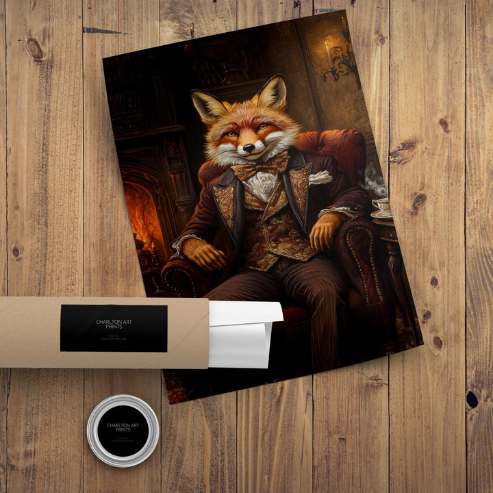 Fox in Victorian Armchair Art Print Cottagecore Cozy Reading Nook Decor Whimsical Animal Portrait